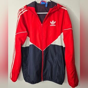 Adidas Trefoils Jacket Track Windbreaker Hooded Red, White, & Blue Small